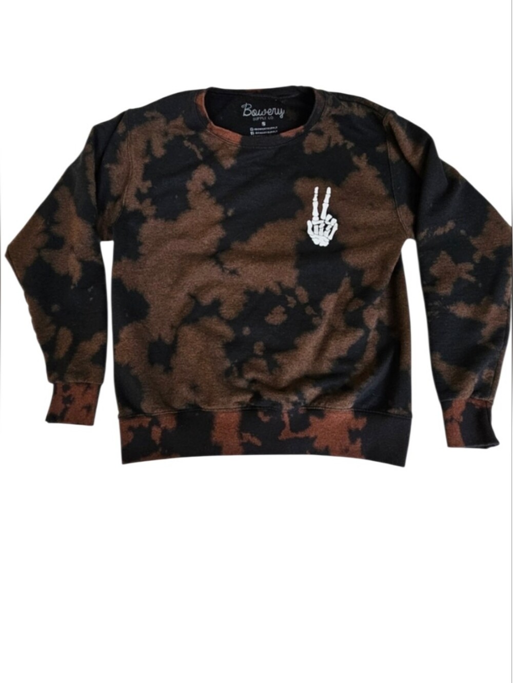 Bowery Supply Co. Skeleton Hand Peace Sign Brown Black Tie Dye Crewneck Men S